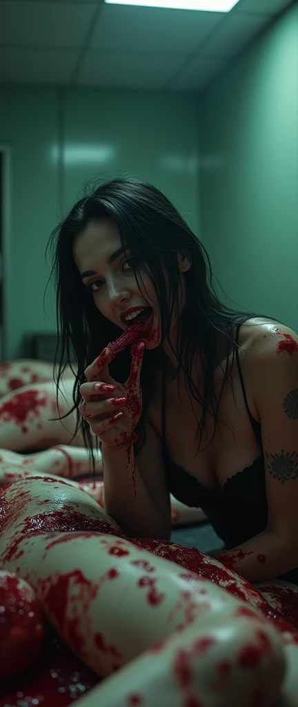 a rude and morbid femalel, bloody soaked  black and white formal suspenders, licking live human gore  corpses at the morgue, , beautiful detailed eyes, beautiful detailed lips, extremely detailed eyes and face, longeyelashes, horror, realism, dark and mood...