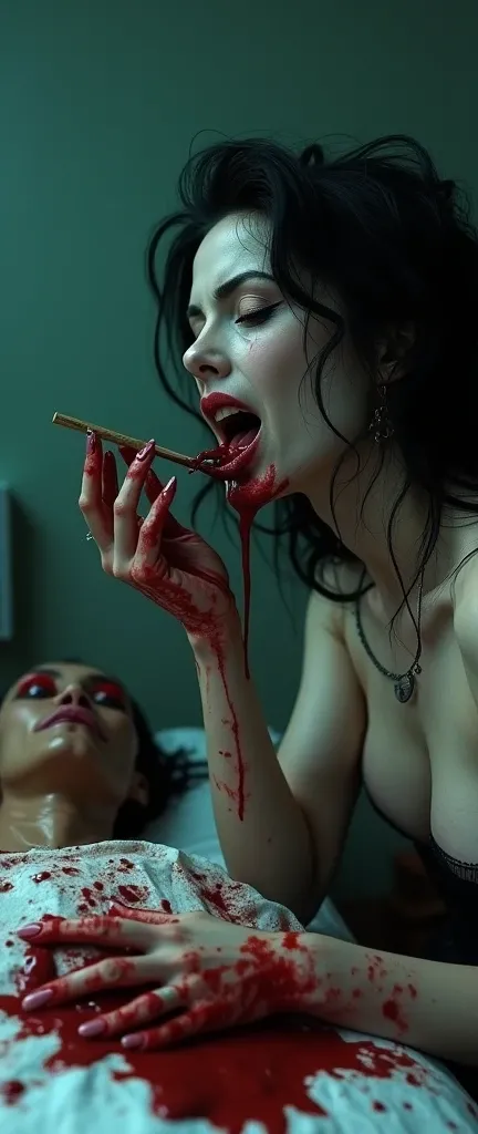 a rude and morbid femalel, bloody soaked  black and white formal suspenders, licking live human gore  corpses at the morgue, , beautiful detailed eyes, beautiful detailed lips, extremely detailed eyes and face, longeyelashes, horror, realism, dark and mood...