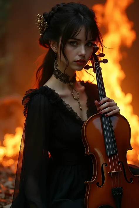 woman in black dress holding a violin in front of a fire, portrait sophie mudd, portrait shot, album art, fanart, fantasy violin, close up portrait shot, musician, cello, classical witch, closeup portrait shot, black metal rococo, in the style of tom bagsh...