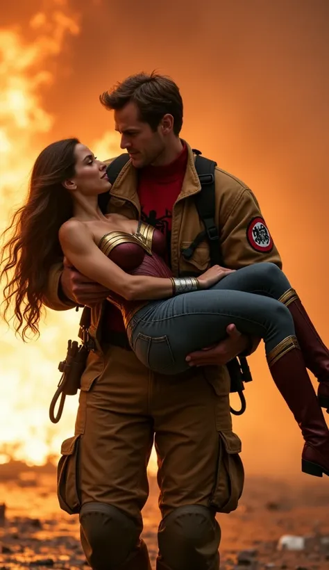 a spiderman wearing a firefighter uniform, with a patch on his left thigh, lifting a wonder woman in his arms, out of a burning building, an expression full of love and worry.