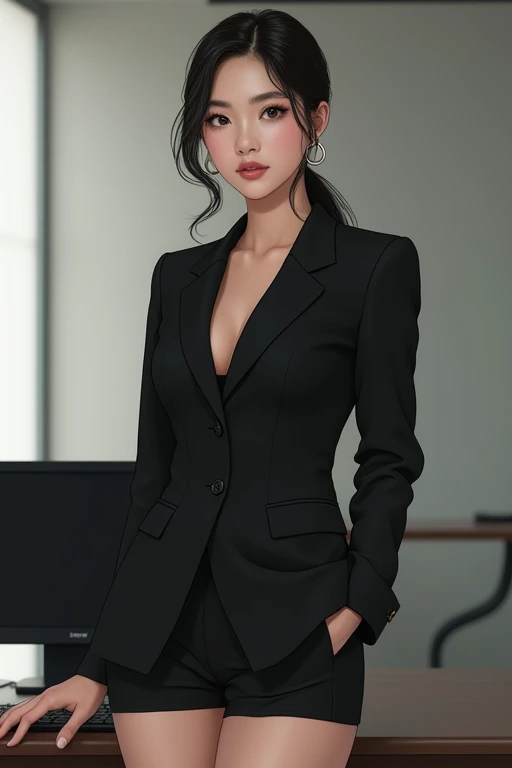 Japanese office lady wearing a black long-sleeved suit, black garter free stockings, shorts, and earrings piercings