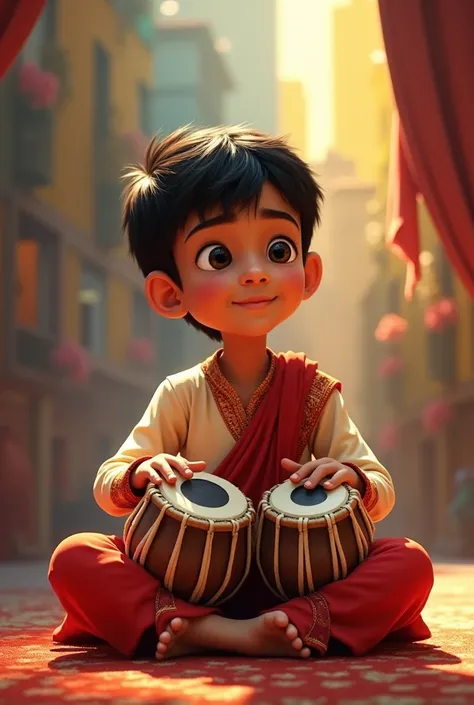 Create an image where a boy named Vedant is playing Tabla