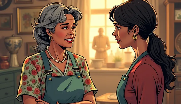 : A comic-style scene showing Mrs. Whitfield speaking gently to Clara, who is visibly upset. Mrs. Whitfield’s warm smile and calming presence are evident as she engages Clara in conversation. The background shows the antique shop with its warm lighting and...