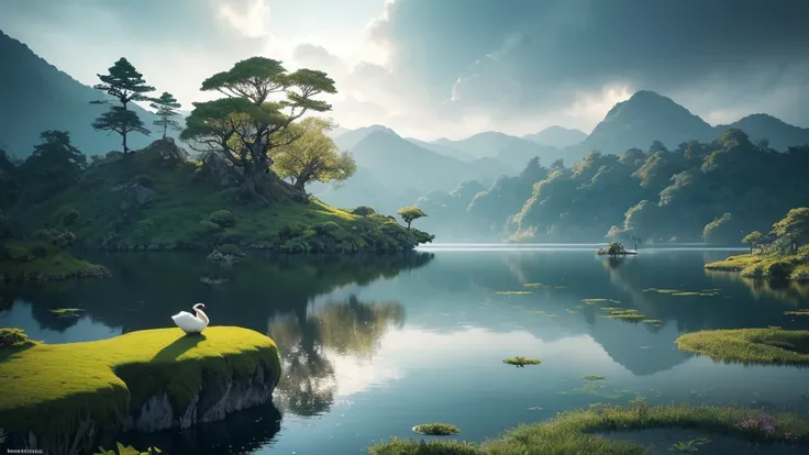 Photorealistic drone photo, In the center of the picture is a Mystical Valley with Floating Islands, A surreal valley where small, moss-covered islands float above a serene lake. The lake’s surface mirrors the sky, with gentle ripples creating a sense of c...