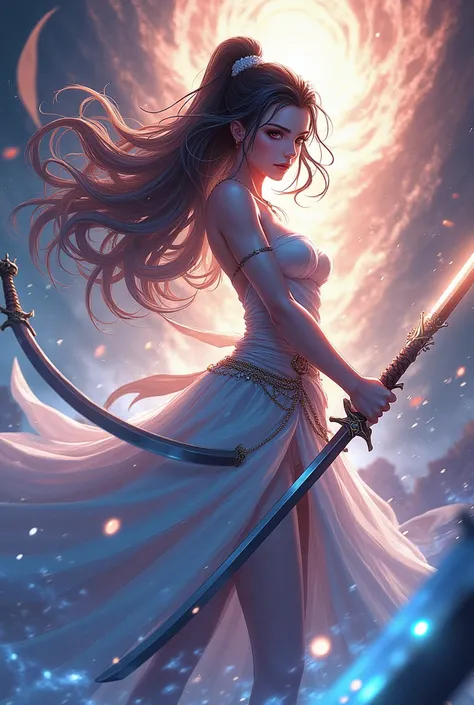 ((Best Quality)), ((masterpiece)), ((detailed)), ((High Definition)), the goddess of the sword in anime style. She is pretty and sexy.  dynamic movements,  fighting pose,  Summoning many swords, Wrapped in divine energy of colors.