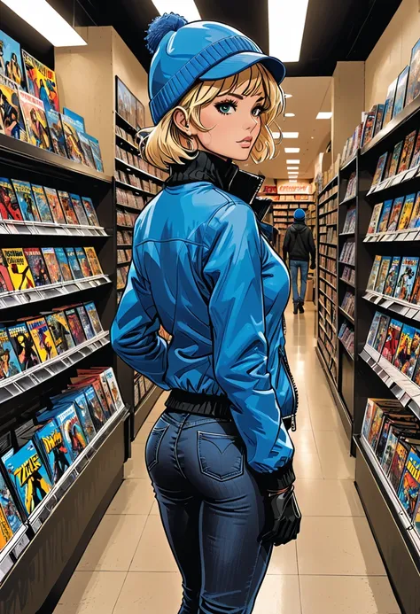 comic book store, 
(back view), ((((fullbody)))),
(inside), (((from the back girl in Blue zipped up down winter jacket and black turtleneck )) and (jeans) and blue gloves and (((blue winter hat)))) and black hiking boots walking at the comic book store,adu...