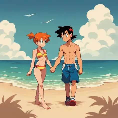 1boy, ash ketchum, black hair, brown eyes, hair between eyes, ash ketchum, on beach, shirtless, male swimwear, handsome boy, macho, good looking boy 1girl, misty pokemon, orange hair, green eyes, on beach, swimsuit, pretty, beautiful girl photograph of a 1...