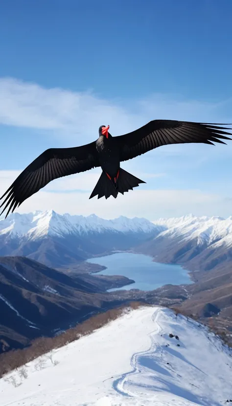 a frigate bird sleeping while flying which looks cute upside down in the air with a view of the sky in the snowy mountains, a very realistic and cinematic photo