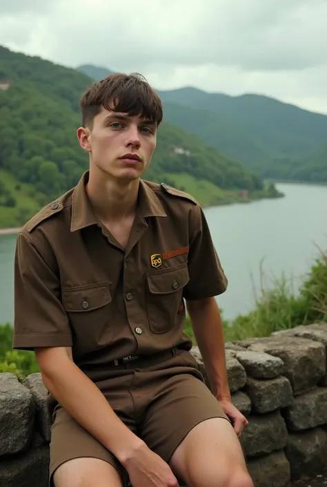 avant garde photography of a young man as a ((mechanic)) with ((shag cut hair)) In flapper style,  with dropped waists and ornate beading from the 1920s,  dressed in brown UPS uniform,  shorts,  brown shoes,  stone wall,  green hills,  cloudy sky,  river i...