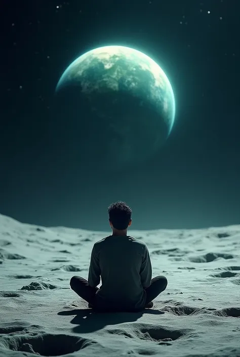 A man sitting on the moon and the background is earth 