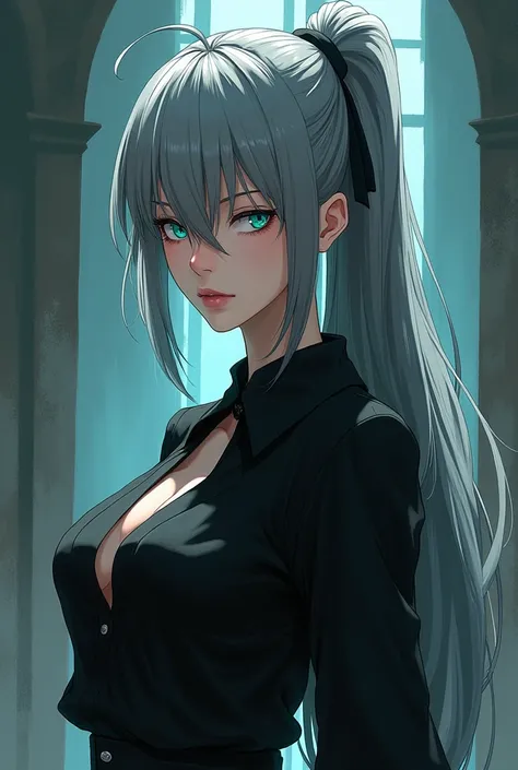 A woman with long hair tied in a lead-gray ponytail, bright aquamarine eyes, an indifferent expression, and a black outfit like a man. Anime