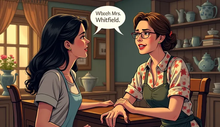 : A comic-style scene showing Mrs. Whitfield speaking gently to Clara, who is visibly upset. Mrs. Whitfield’s warm smile and calming presence are evident as she engages Clara in conversation. The background shows the antique shop with its warm lighting and...