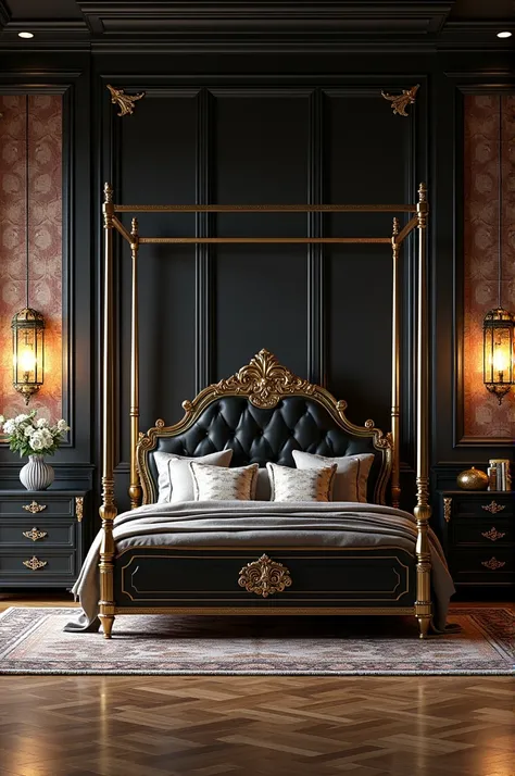 Black and golden bedroom furniture interior