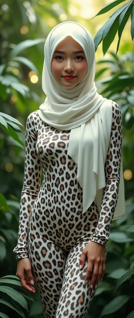 a beautiful asian muslimah woman is wearing white leopard lycra turtleneck unitard catsuit.She sometimes wear white leopard lycra hijab covered with spots.She smiles in the rainforest




