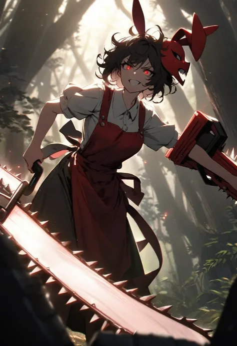 a woman surrounded by a forest, short black messy hair with spike ends, red eyes, has a simple bunny mask at the side os her head, wears a bloody long industrial carpenter apron, dramatic light, wicked smile, holding a bloody chainsaw, dynamic pose