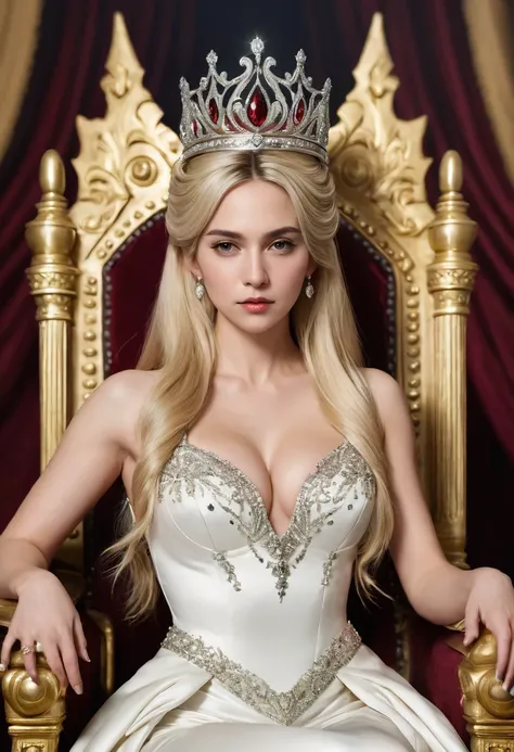 Highest quality, expensive_solve, clear_image, Detailed Background, woman, 30 years old, Villainous Daughter, Blonde, Long Hair, Vertical Roll, tiara, Throne,