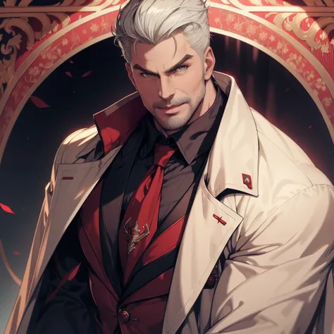 1man, vampire, handsome, pale grey skin, prominent muscular body, seems longer fangs, smile, shining red eyes, art nouveau style...