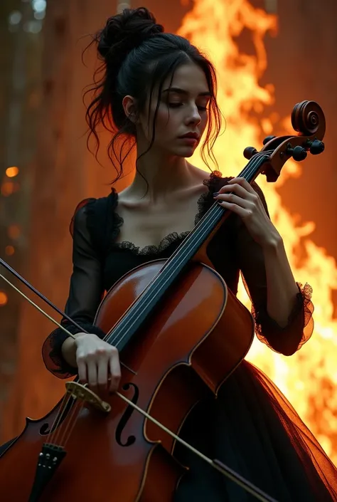 girl in black dress　playing a cello in front of a fire, wednesday addamsportrait sophie mudd, portrait shot, album art, fanart, fantasy violincello, close up portrait shot, musician, cello, classical witch, closeup portrait shot, black metal rococo, in the...