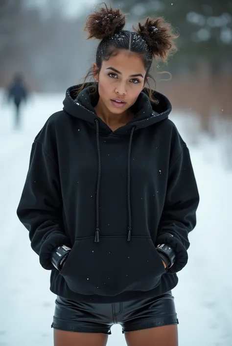 black woman hair in space buns black hoodie black leather short shorts getting fucked in the ass by ugly old woman in the snow
