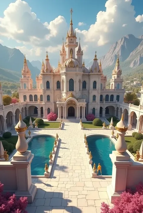 ((best quality)), ((masterpiece)), (detailed) of East Vera Palace, Elvania. With swan statues and a huge castle. One land for workers, one land for office houses, and the other for the royal. The castle has six lands, and hundreds of rooms. The color theme...