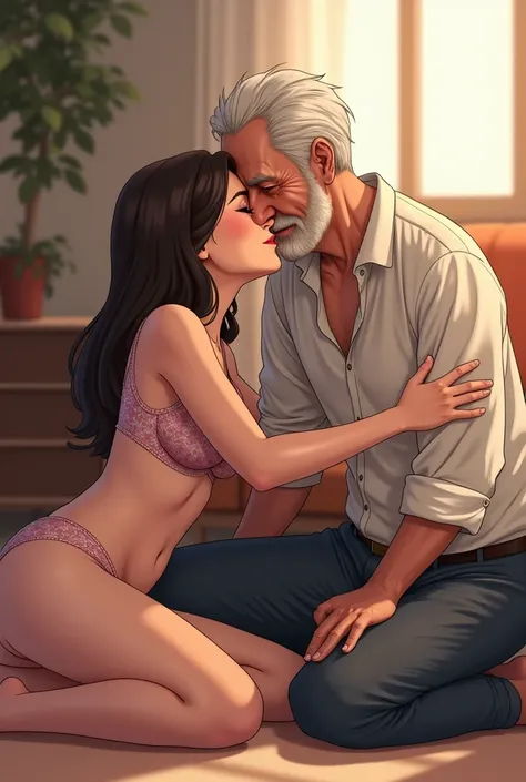 score_9, score_8_up, score_7_up, source_anime, 1oldman, 1girl, mature female, mother bra panties and old man,old man , hug kiss, smile, hand on leg , kneeling, grab 