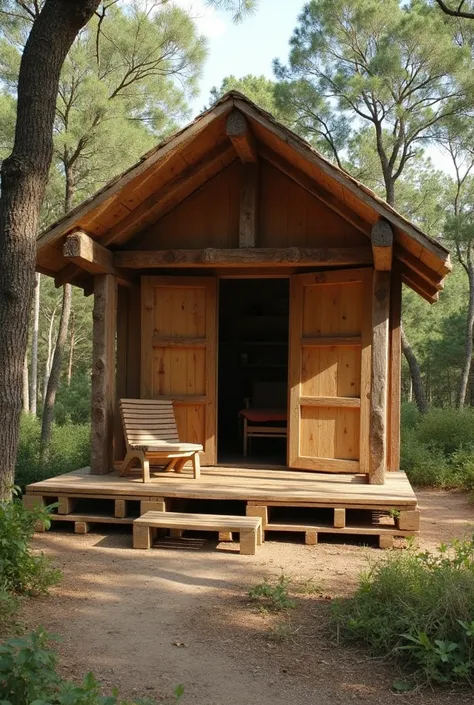 Generate me an image of a wooden pallet shelter with three Euro pallets at the base as a floor.