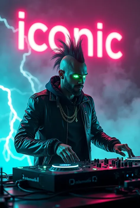 ompts Copy prompts REALISTIC advertising hype,angry, UNLEASHED FURY!!!, switched on, CHARGED POWER OF LIGHTNING, GREEN SPARKS EPIC bombo publicitarioRCHARGED, CYBORG MAN DJ IN CYBER BLACK NEON JACKET WITH GLOWING GREEN EYES, CON MOWHAWK RUBIO, ON THE DJ DE...