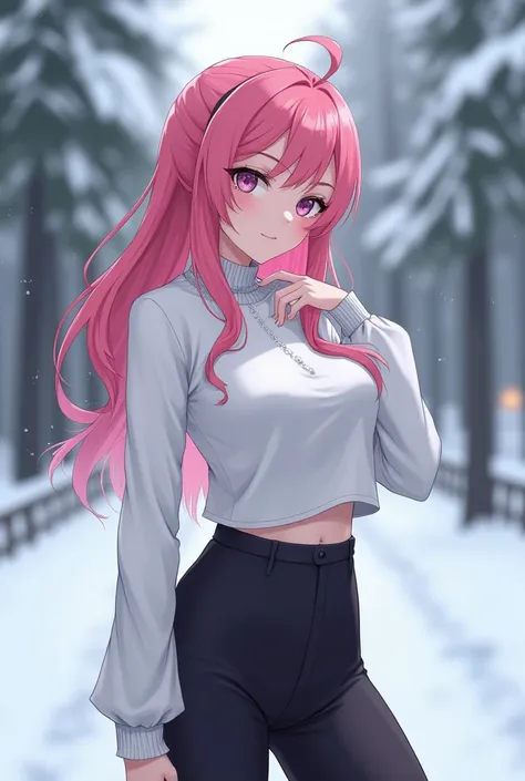 anime girl with pink hair, white long sleeve shirt and black tights pants posing in the snow, thicc, anime style. 8k, forest city streets behind her, heavy winter aesthetics, anime style 4 k, badass anime 8 k, artwork in the style of guweiz, [ 4 k digital ...