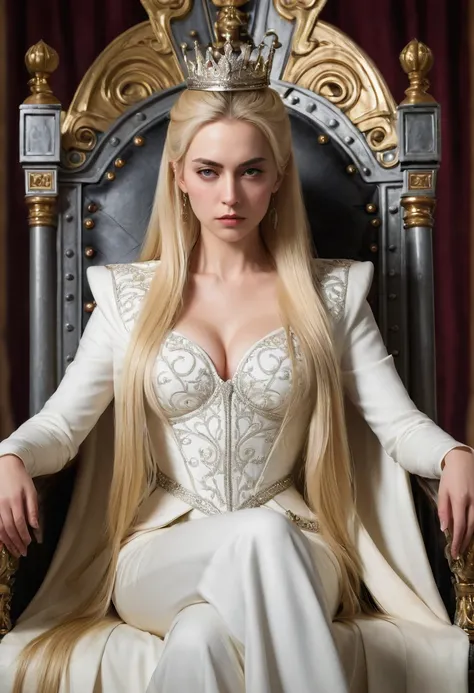 Highest quality, expensive_solve, clear_image, Detailed Background, woman, 30 years old, Villainous Daughter, Blonde, Long Hair, Vertical Roll, Throne, Looking down, 