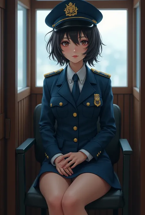 (((policewoman)))、Police Costume、young woman、cute、Beauty、1、Japanese police officer、Beautiful legs、police box、Sitting in a chair、(best quality,4K,8k,highres,masterpiece:1.2),ultra-detailed,(realistic,photorealistic,photo-realistic:1.37),HDR,uhd,studio light...