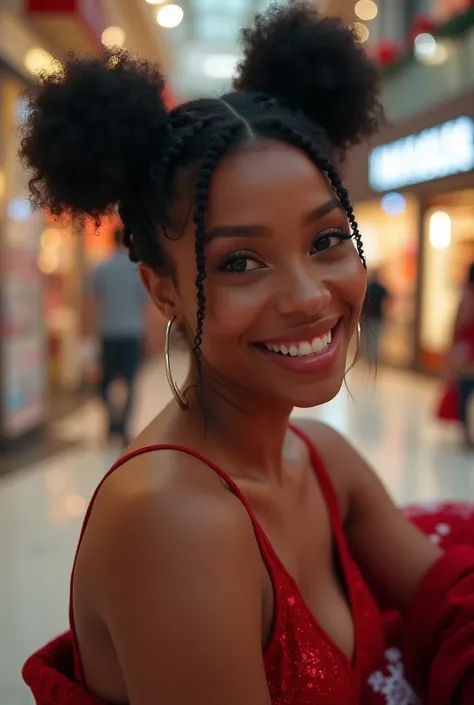 black woman hair in space buns topless naked porn setting in santa claus lap at the mall          selfie