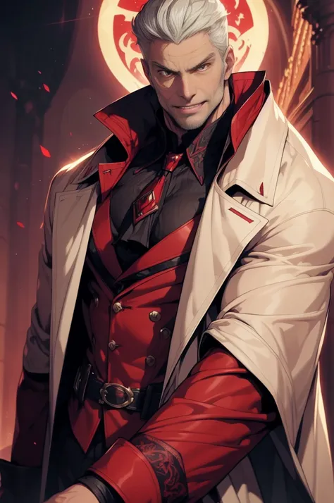 1man, vampire, handsome, pale grey skin, prominent muscular body, seems longer fangs, smile, shining red eyes, art nouveau style...