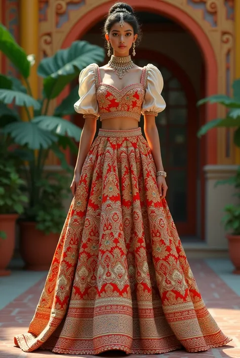 Craete an indian lehanga with fusion of english slim fit gown use flared puff blouse