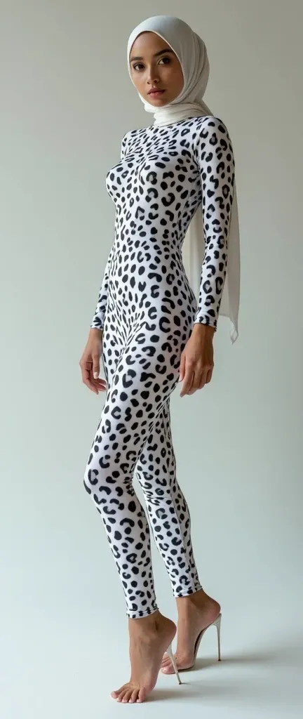 a beautiful asian muslimah girl is wearing white leopard print lycra turtleneck unitard catsuit.She sometimes wear white leopard lycra hijab covered with spots.