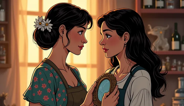 Prompt: A comic-style scene of Mrs. Whitfield placing a comforting hand on Clara’s shoulder. Clara is holding the mirror close, her demeanor now more peaceful. The background is filled with warm light from the shop, creating a comforting atmosphere.
Charac...