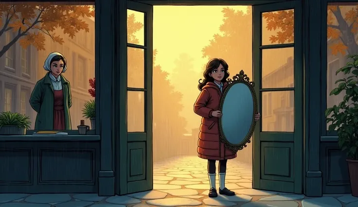 Prompt: A comic-style wide shot of Clara standing at the shop’s exit, holding the ornate mirror close to her. The rain has stopped, and a soft glow of sunlight streams through the shop’s windows, highlighting Clara’s renewed sense of peace. Mrs. Whitfield ...