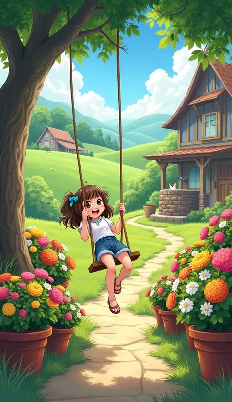 Multiple flower  , multiple flower pot,  a well a farm , blue sky , hen , a girl playing , swing , green hills at horizon 