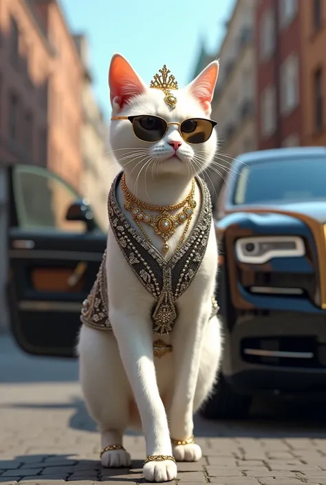 A sleek white cat enjoy the city in an elegant pent shirt, adorned with intricate beadwork in shades of silver and black. She’s wearing golden jewelry, including a delicate tiara, and walks gracefully in strappy silver heels that enhance her regal appearan...