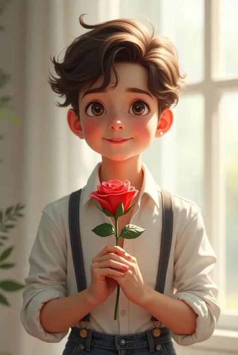 A boy holding a rose in his hand looking attractive