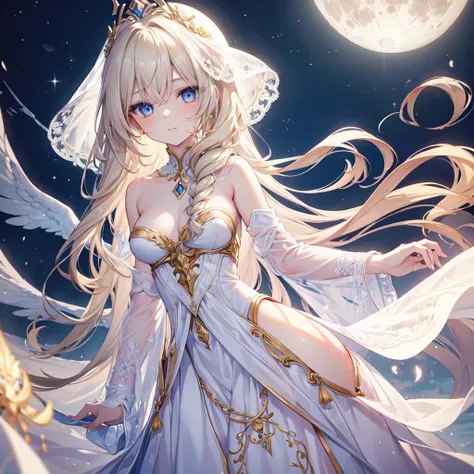 (masterpiece,Highest quality, Very detailed, beautiful, Exquisite, 16K, Full HD),One Girl, naked, The Swan Princess of Russian Mythology, beautiful穏やかな顔, blue eyes, Long blonde hair braided, The moon is woven into the hair at the back of the head.,  Affect...