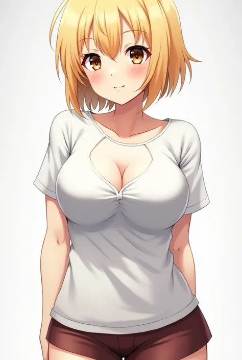 anime character, Size breasts with neckline, white T-Shirt, you should be able to see the nipples easily, short skirt, blonde hair 