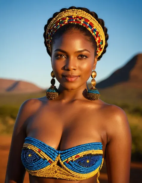 zulu tribe nude african model,  ((Create a high-resolution image of a  Zulu woman dressed in traditional attire, participating in a vibrant cultural dance. The scene is set in a rural village with a backdrop of African landscapes, featuring other members o...