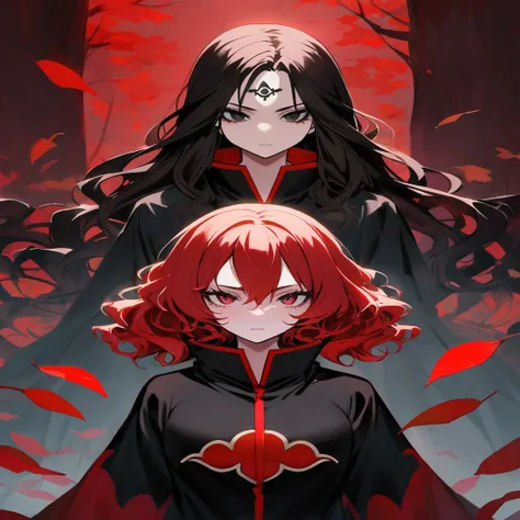 Redhead girl with wavy hair, with black eyeliner, visiting akatsuki outfit, with the sharingan in both eyes, she has a tenacious look, (On his forehead he wears a band with the village plaque between the leaves), She is facing the camera looking towards th...