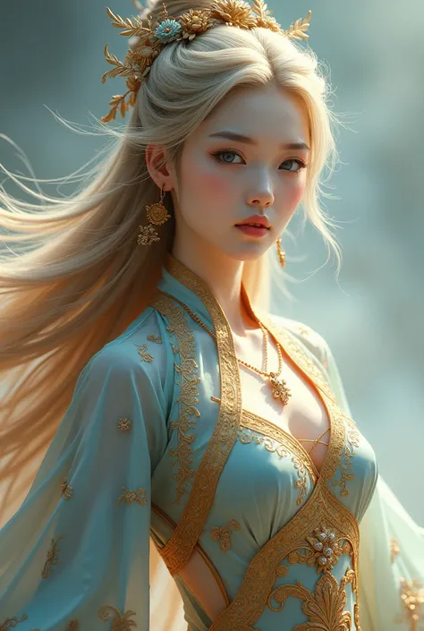 Young woman , (((gold and blue dress))), flowers, jewelry, long sleeves, wide sleeves, chinese clothes, hanfu, embroidery, long skirt, long flowing blond hair, detailed face, detailed beautiful blue eyes, full body(intricate:1.3), (arcane aura:1.2), (dream...