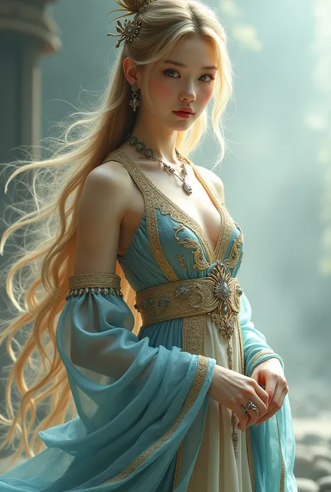 Young woman , (((gold and blue dress))), flowers, jewelry, long sleeves, wide sleeves, chinese clothes, hanfu, embroidery, long skirt, long flowing blond hair, detailed face, detailed beautiful blue eyes, full body(intricate:1.3), (arcane aura:1.2), (dream...