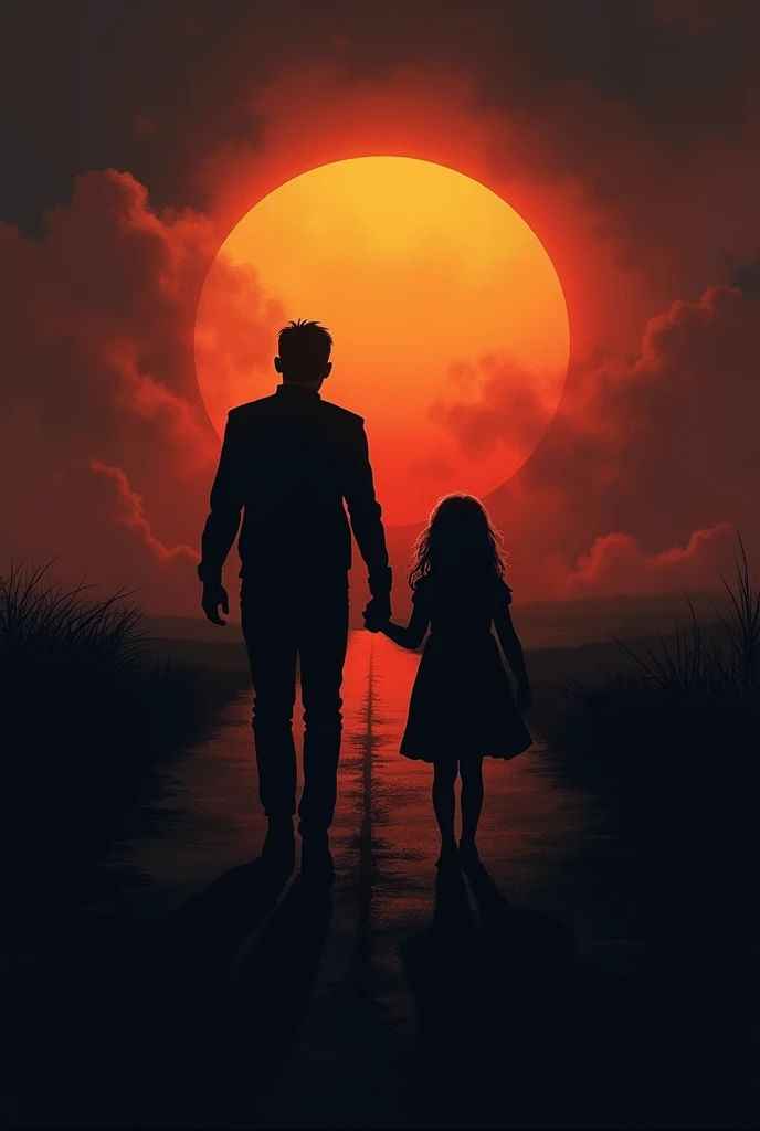 Father daughter backside pic holding hands black and white outline pic with straight path and dark sunset view 