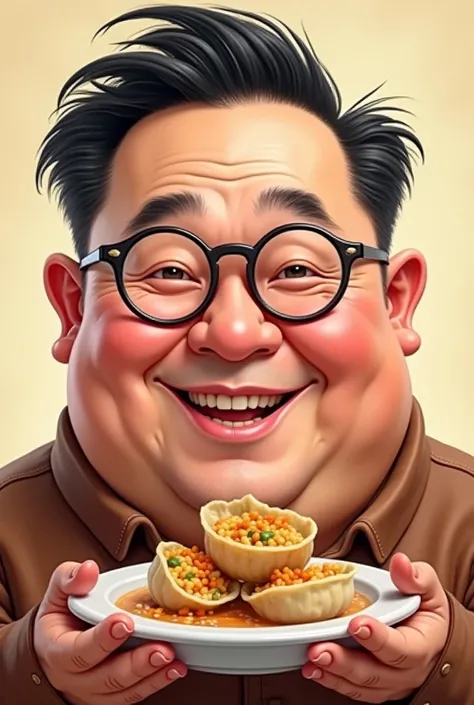 Caricature chinese chubby man with glasess eating dumpling