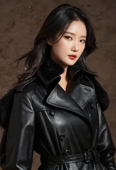 (( 16K high definition, high quality 4 Chinese model actress, 4 Chinese model actress, wearing 16K high definition, high quality black leather knee up black leather two masterpiece epaulettes, long double trench coat with epaulettes, both arms 16K high def...