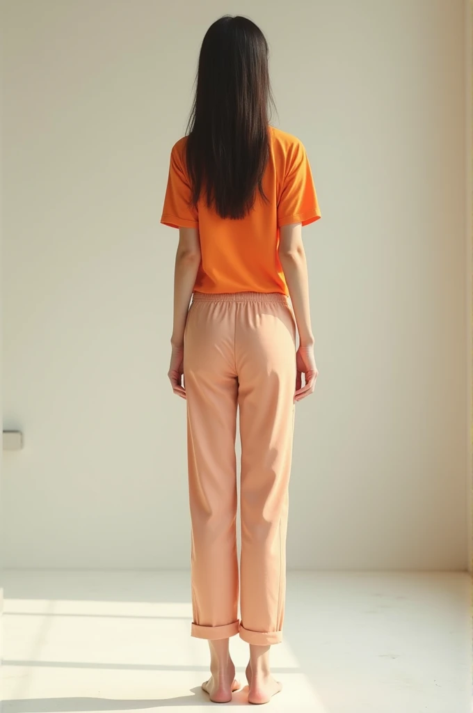 Full Rear view from top to bottom of very very tall, very skinny korean young woman in full pajama pants and colored  shirt. Make her legs very long . Make her hips very  small.