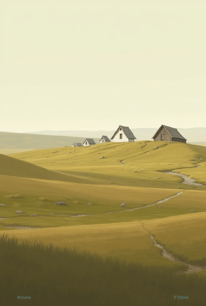 Draw a cover for the book. The authors name is Dmitry Vladimirovich Karkoshkin, the title is Wild Field. Let the steppe be depicted and white Cossack huts with reed roofs be visible in the distance